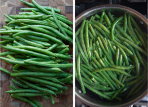 Left image is trimmed green beans on a cutting board. Right image is trimmed green beans in a pot of salted water.