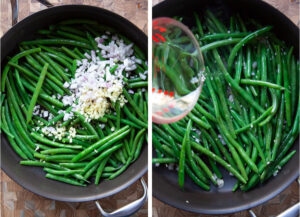 Left image is blanched green beans, chopped shallots and garlic in a large pot with oil. Right image is sake being poured into the pan with the green beans and aromatic vegetables.