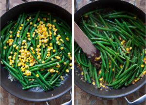 Left image is corn being added to the pan with the green beans. Right image is the corn, green beans, and miso butter cooked together to form a glaze.