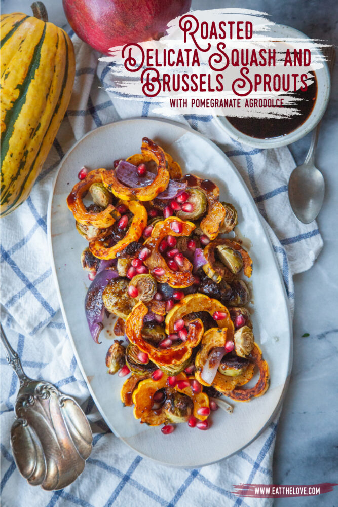 A plate with roasted Delicata squash and Brussels sprouts with pomegranate agrodolce drizzled over it. A pomegranate and delicate squash are sitting next to the plate.