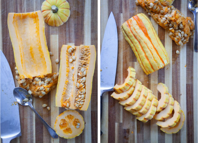 Left image is a Delicata squash cut in half lengthwise, with the seeds scooped out of one side. Right image is the Delicata squash on a cutting board, with one half cut into 1/2-inch thick slices.