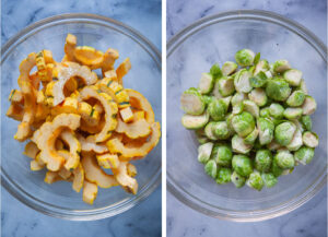 Left image is sliced Delicata squash in a bowl tossed with olive oil and salt and pepper. Right image is Brussels sprouts in a bowl, tossed with olive oil and salt and pepper.