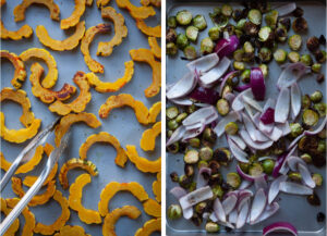 Left image is a pair of tongs flipping the Delicata squash on a baking sheet. Right image is red onions being added to the Brussels sprouts roasted in a baking sheet.