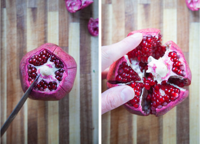 Left image is a knife cutting down the sides of the pomegranate, on the "edge" part, where the white inner member is. Right image is a hand pulling apart the pomegranate.