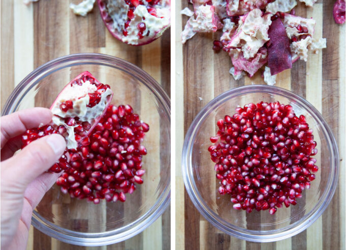 Left image is a hand gently pulling out the seeds of the pomegranate into a bowl. Right image is a bowl of pomegranate seeds, with the peel and skin of the pomegranate next to it.