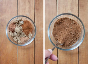 Left image is brown sugar, turbinado sugar, cinnamon, nutmeg and cocoa powder in a bowl. Right image is a hand stirring the ingredients together with a fork.