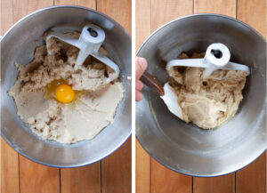 Left image is an egg added to the creamed sugar and butter mixture. Right image is a hand scraping down the sides of the bowl with a spatula.
