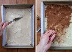 Left image is half the cake batter being spread into a pan. Right image is a hand sprinkling the cinnamon filling over the cake batter.