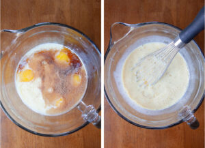 Left image is eggnog French toast custard ingredients in a bowl. Right image is a balloon whisk in the bowl of ingredients, having mixed the ingredients together into an uniform consistency.