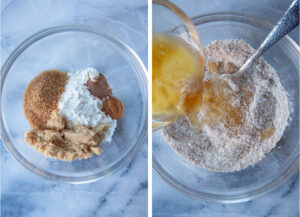 Left image is the ingredients for the crumb topping in a glass bowl. Right image is melted butter and maple syrup stirred together and being poured into the crumb ingredients that have been blended together.