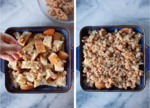 Left image is a hand sprinkling the crumb topping over the French toast casserole. Right image is the assembled French toast casserole, ready to be baked.