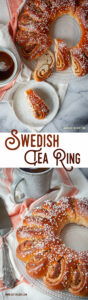 Top image is a slice of Swedish tea ring coffee cake on a white plate, with the remaining tea cake on a plate next to it. There is a cup of tea next to the cake. Bottom image is a Swedish Tea Ring on a glass plate, with a orange and white striped cloth napkin under the plate and a mug of tea behind the tea ring.