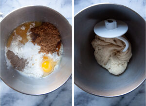Left image is ingredients for the Swedish tea ring dough in a mixing bowl. Rightt image is the dough kneaded in the mixing bowl, wrapped around a metal dough hook.