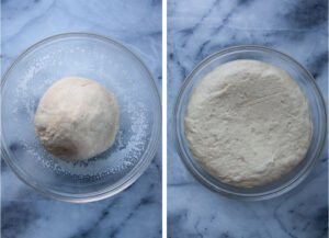 Left image is dough for the tea ring in a bowl that has been sprayed with cooking oil. Right image is the dough risen and doubled in size.