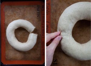 Left image is the log of dough wrapped into a circle on a baking sheet lined with a silicon baking mat. Right image is a hand pinching together the ends of the dough to form a circle.