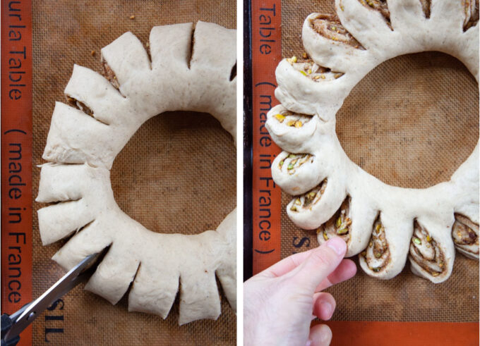 Let image is a pair of scissor cutting slits into the dough ring of the Swedish tea ring. Right image is a hand twisting the slices of the Swedish tea ring flat to show the spiral inside.