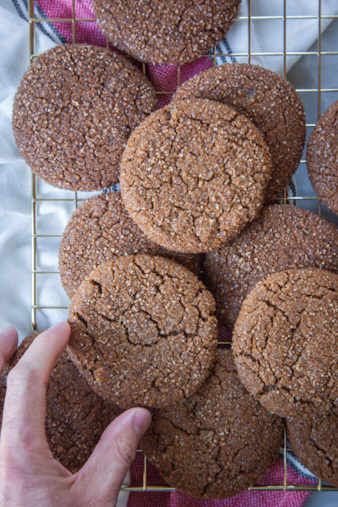 A stack of jumbo-sized ginger molasses cookies on a wire cooling rack, with a hand reaching for them.