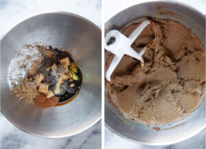 Left image is butter, sugar, molasses and spices in a bowl, ready to be mixed. Right image is ingredients mixed together until the butter is clinging to the side of the bowl.
