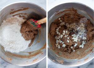 Left image is flour being added to the cookie dough. Right image is crystallized ginger being added to the cookie dough.