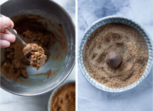 Left image is a spoon scooping up some cookie dough. Right image is the ball of dough in a bowl of turbinado sugar.
