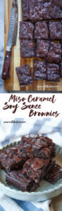 Top image is miso caramel soy sauce brownies on a cutting board with a knife next to them. Bottom image is brownies on a small plate sitting on a blue and white striped cloth napkin.