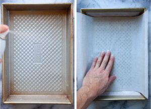 Left image is a baking pan being sprayed with cooking oil. Right image is a hand placing parchment paper in the pan.