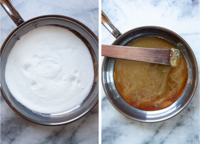 Left image is a pan with white sugar in it. Right image is a pan with liquid caramel in it, and a wooden spatula in the caramel.