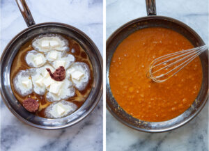 Left image is a skillet with butter and miso paste added to caramel. Right image is the ingredients whisked together into a caramel with a balloon whisk sitting in the skillet.