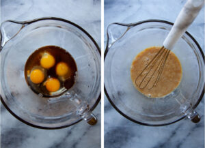 Left image is eggs, soy sauce, and vanilla in a glass bowl. Right image is all those ingredients mixed together with a whisk that is sitting in the bowl.