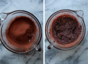 Left image is cocoa powder added to the egg mixture in a glass bowl. Right image is the cocoa powder mixed, forming a paste.