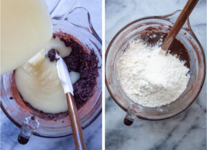Left image is the sugar butter mixture being added to the cocoa egg paste. Right image is flour and baking powder added to the brownie batter.