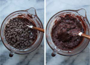 Left image is chocolate chips added to the brownies batter. Right image is the brownie batter with the chocolate chips folded in with a spatula.