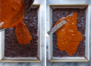 Left image is miso caramel being poured onto the brownie batter. Right image is caramel being spread over the brownie batter with an offset spatula.