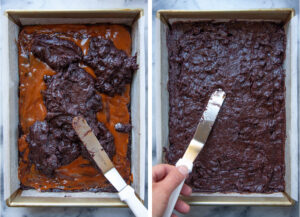 Left image is the remaining brownie batter being spread over the caramel with an offset spatula. Right image is the brownie batter covering the entire pan and caramel, with an offset spatula on top of the batter.