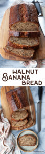 Top image is a loaf of banana bread, sliced on a wooden serving board. Bottom image is a slice of banana bread on a plate, with the remaining banana bread on a wooden serving board and a serrated knife and cloth napkin next to the board.