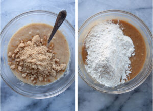 Left image is banana bread mixture with brown sugar in it. Right image is flour added to the mixture.