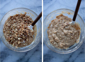 Left image is walnuts added to the banana bread batter. Right image is the walnuts mixed into the batter.