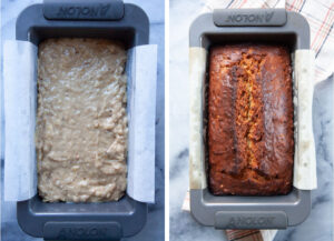 Left image is banana bread batter in a loaf pan. Right image is the banana bread baked in the load pan.