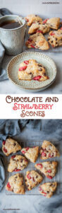 Top image is a chocolate and strawberry scone sitting on a plate, with a cup of tea behind it, and more scones on a wire cooling rack behind the plate. Bottom image is chocolate and strawberry scones on a wire cooling rack on a marble surface, with a blue cloth napkin next to the scones.