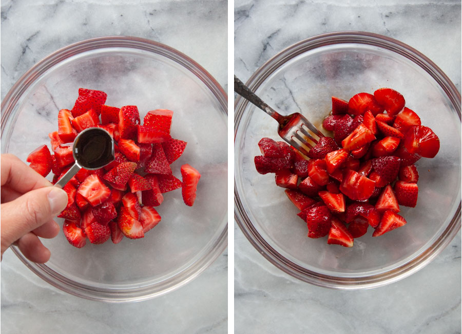 Left image is a tablespoon of balsamic vinegar being held by a hand over a bowl of chopped strawberries. Right image is a fork in a bowl filled with chopped strawberries that were tossed in the balsamic vinegar.