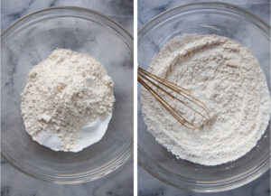 Left image is a bowl of flour, sugar, and baking powder in a glass bowl. Right image is a balloon whisk in the same bowl, having stirred and blended all the dry ingredients together.