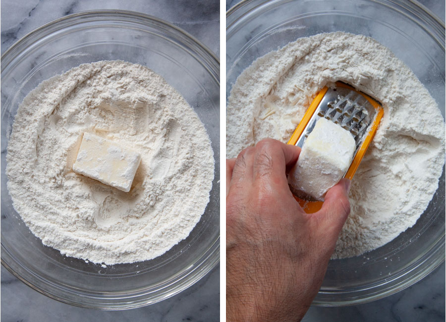 Left image is a stick of butter sitting in the dry ingredients for the scone in a glass bowl. Right image is a hand grating the butter into the dry ingredients.