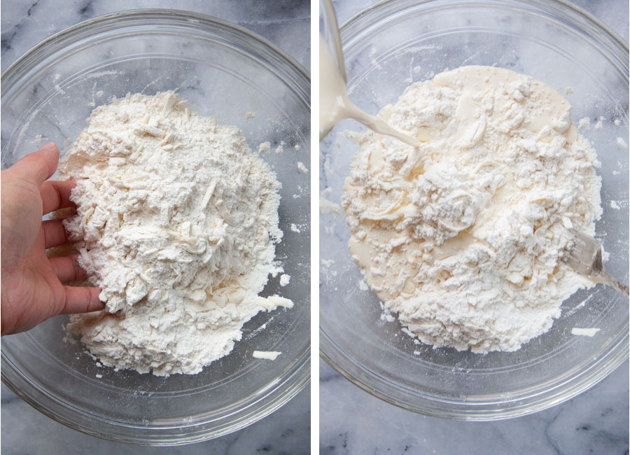 Left image is a hand tossing grated butter with dry ingredients for the scone. Right image is heavy cream being poured into the bowl of scone ingredients.
