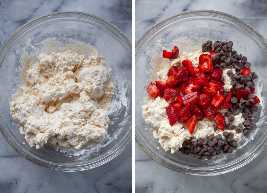 Left image is the scone dough in a glass bowl. Right image is the chopped balsamic vinegar soaked strawberries and chocolate chips added to the bowl.