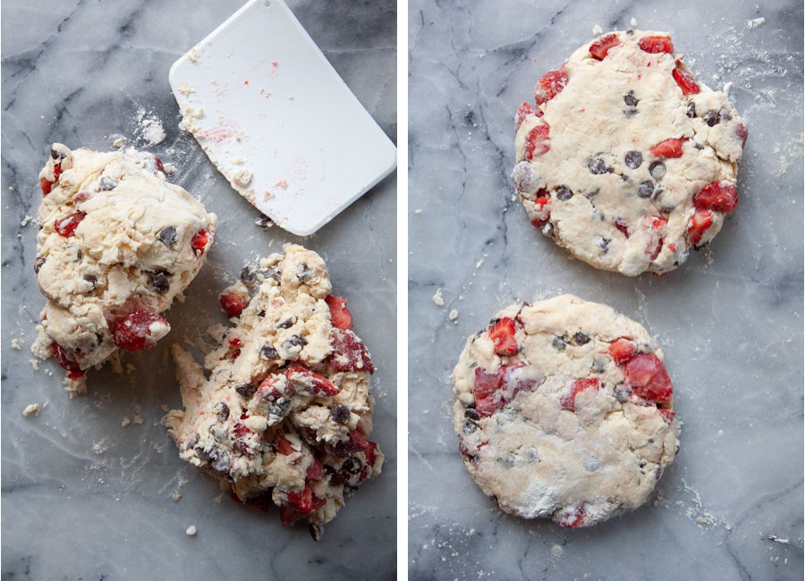 Left image is the scone dough divided in half. Right image is each half of the dough formed into a 6-inch wide disk about 1-inch thick.