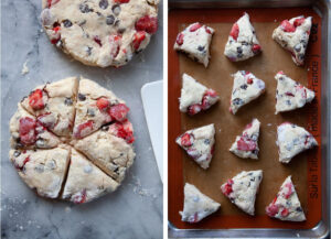 Left image is a chilled scone dough disk that has been cut into 6 wedges. Right is the scones placed on a baking sheet lined with a silicon baking mat.