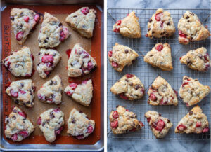 Left image is scones baked on a baking sheet. Right image is the scones resting and cooling on a wire cooling rack.