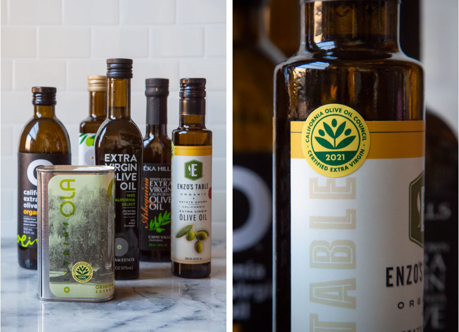 Left image is a number of bottles and tins of extra virgin olive oil. Right image is a close up of the California Olive Oil Council seal.