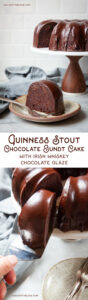 Top image is a slice of Guinness chocolate bundt cake on a plate, with the remaining cake in the background. Bottom image is a hand pulling a slice of Guinness chocolate bundt cake out from the remaining cake on a cake stand, with small cake plates underneath.