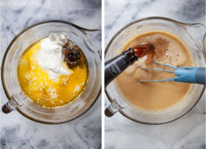 Left image is a glass bowl with brown sugar, white sugar, melted butter, oil, sour cream, eggs, vanilla, instant espresso, and salt in it. Right image is the ingredients mixed together, with a bottle of Guinness being poured into the bowl.